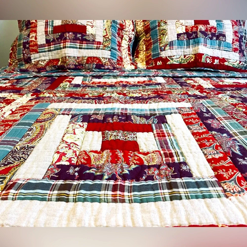 RARE Pottery Barn Vintage Log Cabin Christmas Patchwork Quilt Set- F/Q Multi